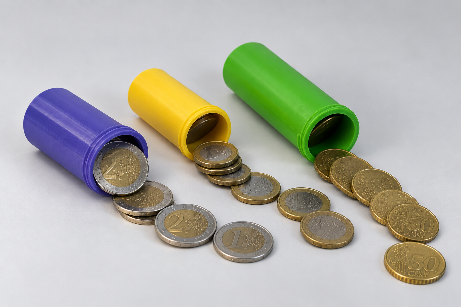 Geöffnete Münzröhrchen mit den zugehörigen Euro-Münzen
