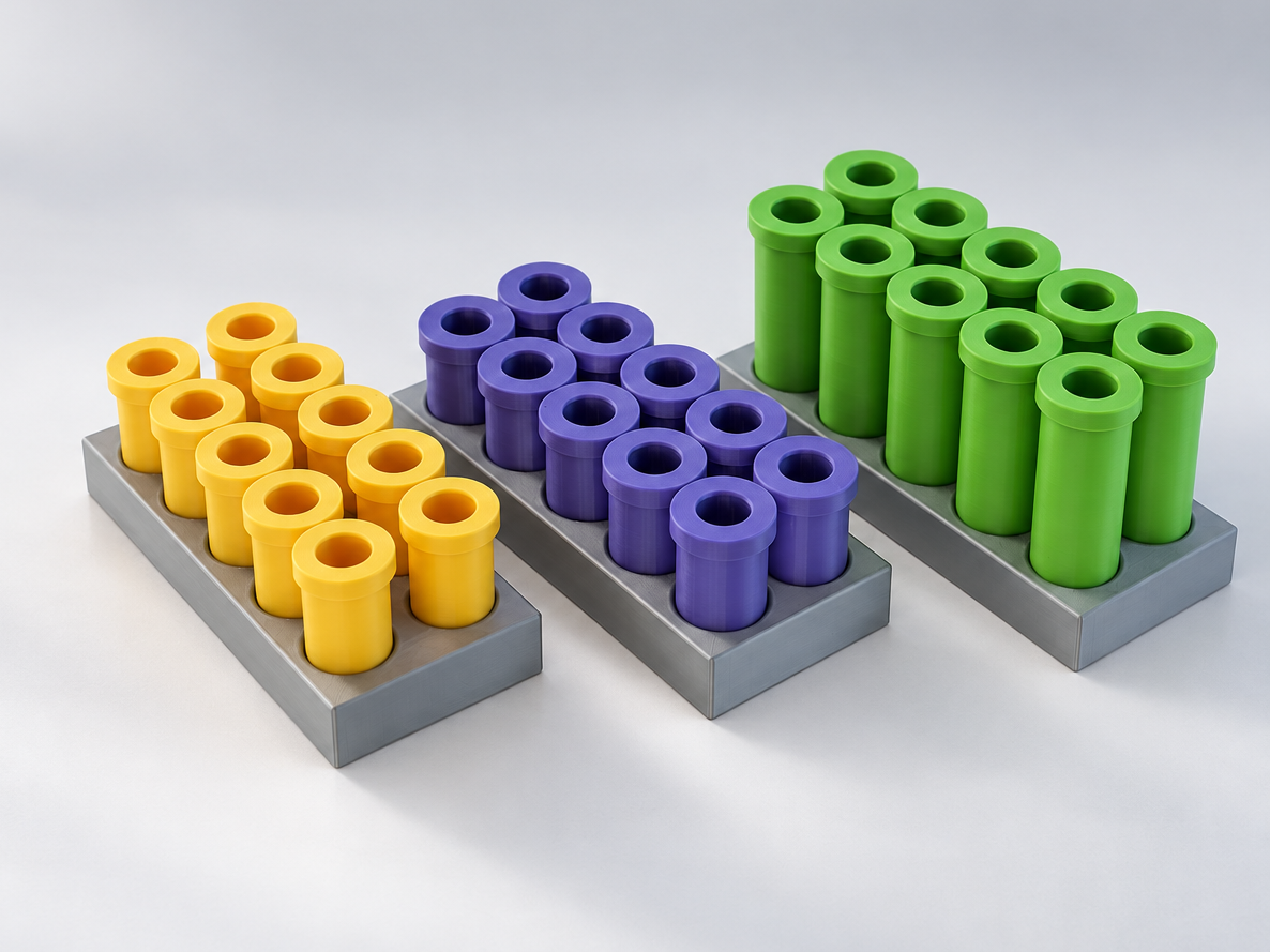 Drei vollständige Coin-Money-Box-Sets mit gelben, lilafarbenen und grünen Münzröhrchen